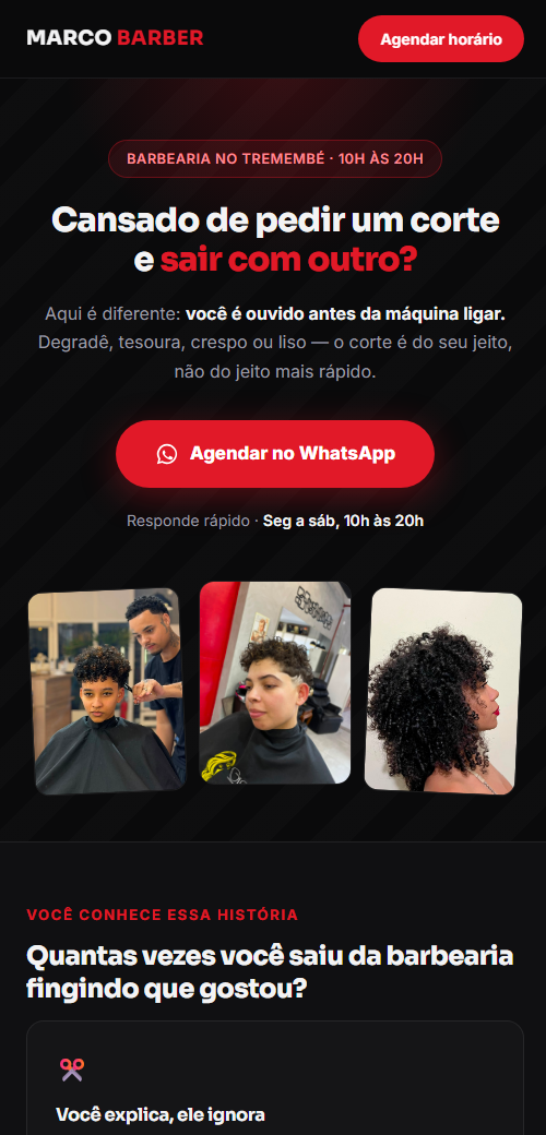 Site real da barbearia Marco Barber aberto num celular